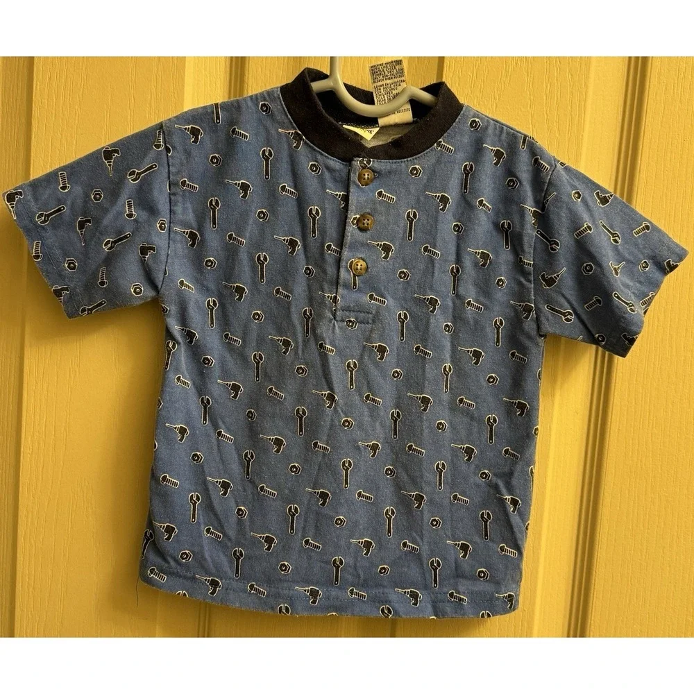 Vintage 90s‎ Kids N Fun 3 Button Boys Tools All Over Design Shirt Blue 3T